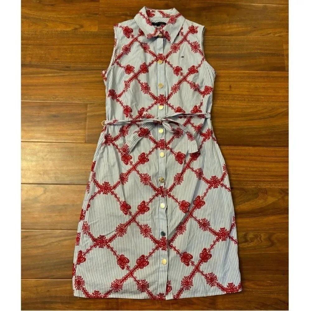 Tommy Hilfiger blue/white/red stripe floral butterfly pattern collared dress